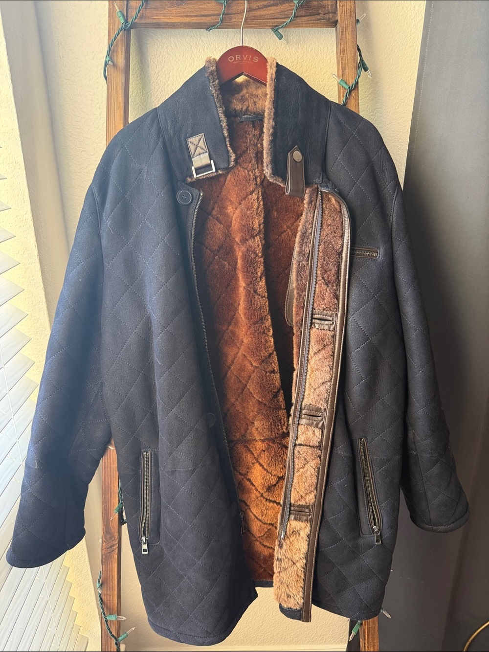 Overland Men's Quilted Black Coat with Brown Fur Lining